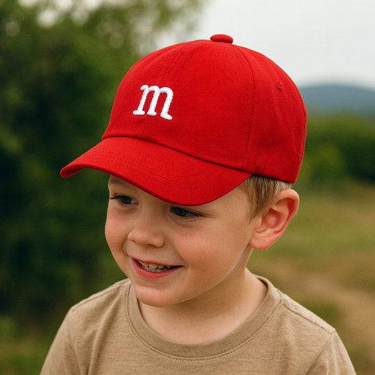 Casquette bébé Montévo rouge réglable lors d'une sortie dehors.