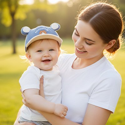 Casquette bébé Sorelio Moment de tendresse en extérieur : maman et son bébé portant une casquette ajustable