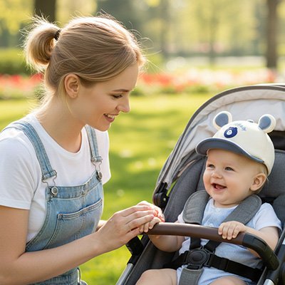 Casquette bébé Sorelio Protection solaire tout en légèreté : bébé heureux en poussette idéale pour les sorties estivales en plein air.