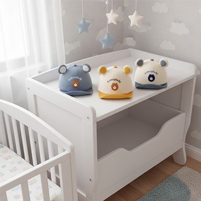 Casquette bébé Sorelio sur un bureau : protection solaire et style pour enfant.