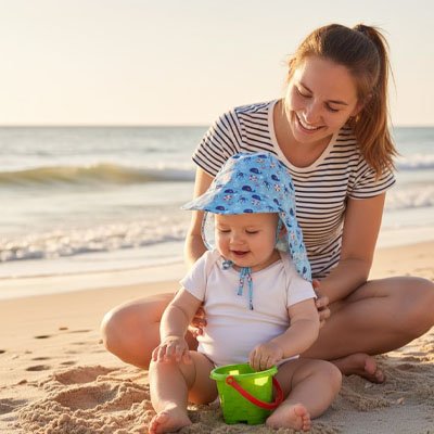 Casquette pour bébé Nuvéline légère portée par un enfant alors que maman et bébé s'amusent sur la plage