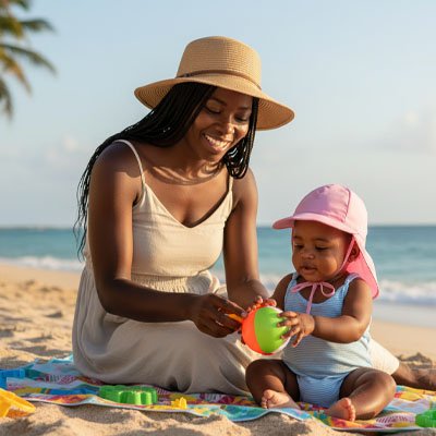 Casquette pour bébé Nuvéline avec protège-nuque intégré offrant une protection solaire complète pour maman et bébé qui jouent à la plage