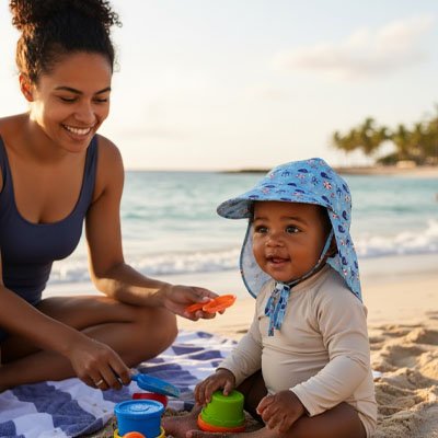 Casquette pour bébé Nuvéline dotée d'un système de réglage précis pour bébé sur la plage avec maman
