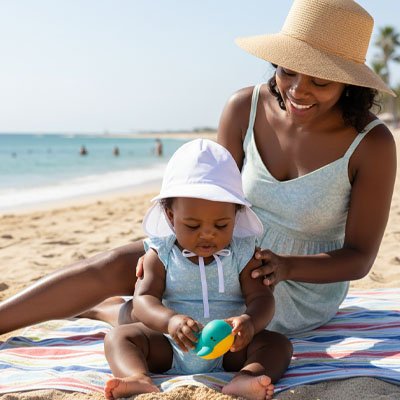 Casquette pour bébé Nuvéline au tissu respirant portée par un enfant qui joue sur la plage aux côtés de sa maman