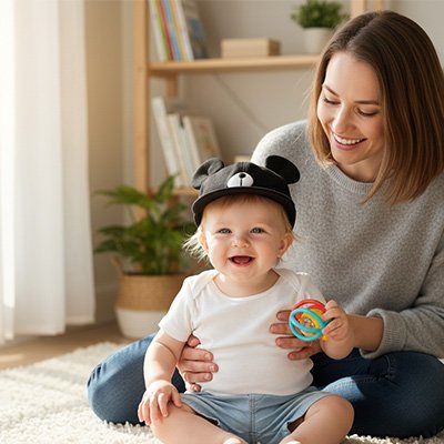 Casquettes pour bébé Rivento Complicité : maman joue avec sa fillette qui porte une casquette réglable dans la maison