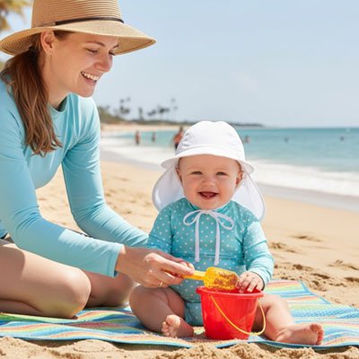 Casquette pour bébé Nuvéline pour un moment de tendresse entre maman et bébé sur la plage, protection maximale avec la Casquette bébé Solaire