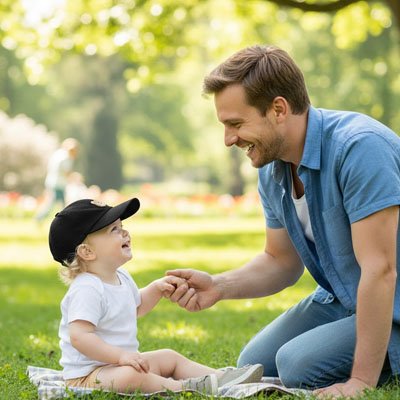 Casquette pour bébé Sombréa idéale pour une sortie avec papa qui est assis avec bébé dans l'herbe au parc