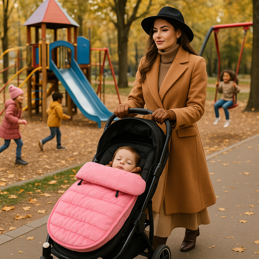 Chancelière maman prend une marche près du jeux de parc et bébé dort