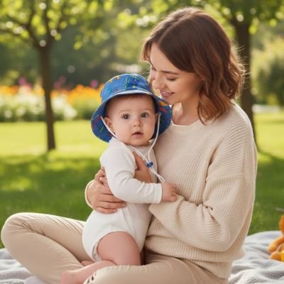 Chapeau bébé Amore maman tenant son bébé au parc avec un chapeau de garçon de soleil