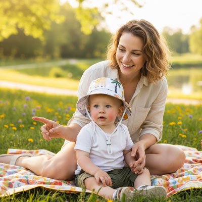 Chapeau bébé Solviane protection idéal pour les moments de jeu avec maman dans le jardin.