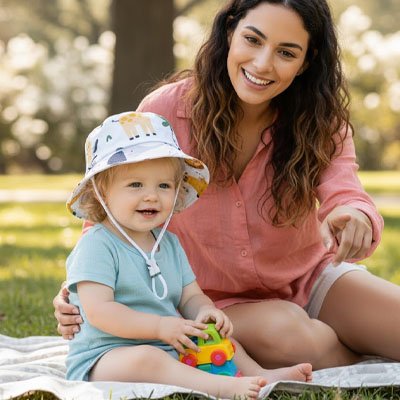 Chapeau bébé Solviane pour une protection solaire, maman et bébé assis dans le gazon