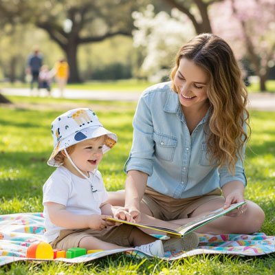 Chapeau bébé Solviane Anti-UV lors d'un pique-nique avec maman.
