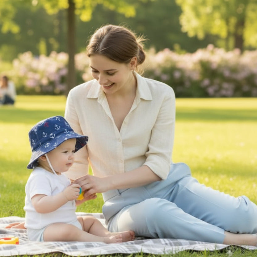 Chapeau bébé Valmire protection solaire idéale pour un bébé assis dehors avec maman.