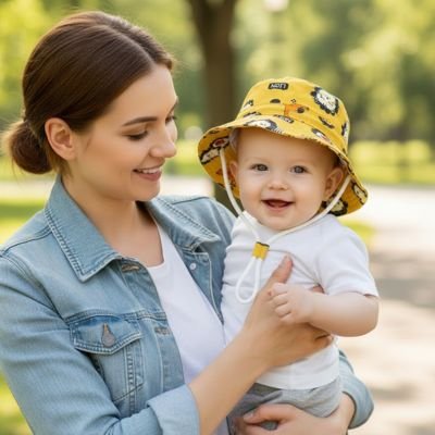Chapeau bébé Valmire Bébé garçon dehors avec son chapeau léger pour une sortie au soleil