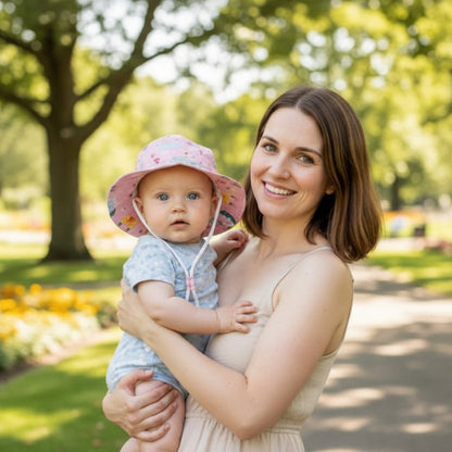 Chapeau bébé Valmire modèle respirant porté par une petite fille avec sa maman.