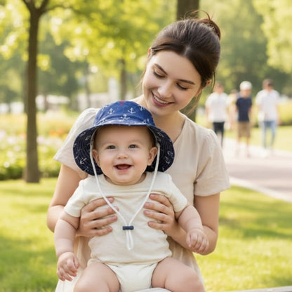 Chapeau bébé Valmire Bébé au parc avec sa maman portant un chapeau solaire contre les rayons UV.