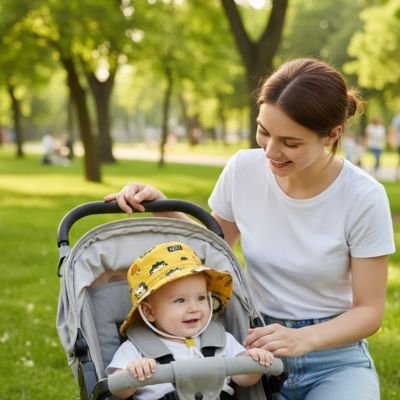 Chapeau bébé Valmire souple : protection solaire pour bébé en poussette avec maman.