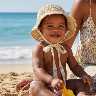 Chapeau bébé Velmora bébé joue sur la plage avec maman la tête protégé