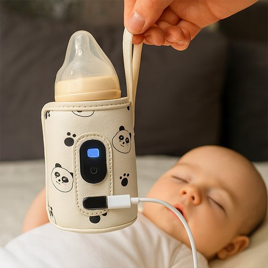 Chauffe Biberon Zenitherm nomade sans fil posé à côté d'un bébé qui dort paisiblement après son repas
