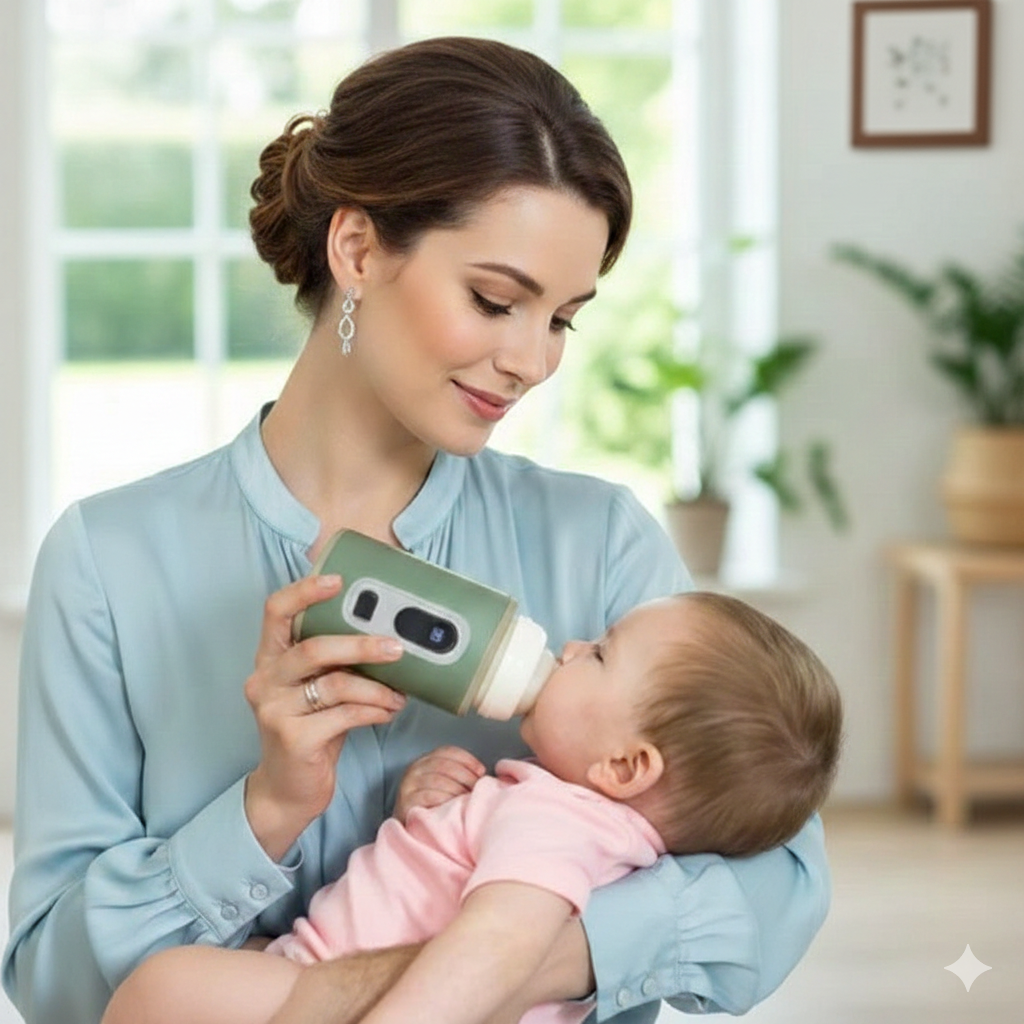 Chauffe Biberon Zenitherm Portable en utilisation maman nourrissant son bébé en déplacement