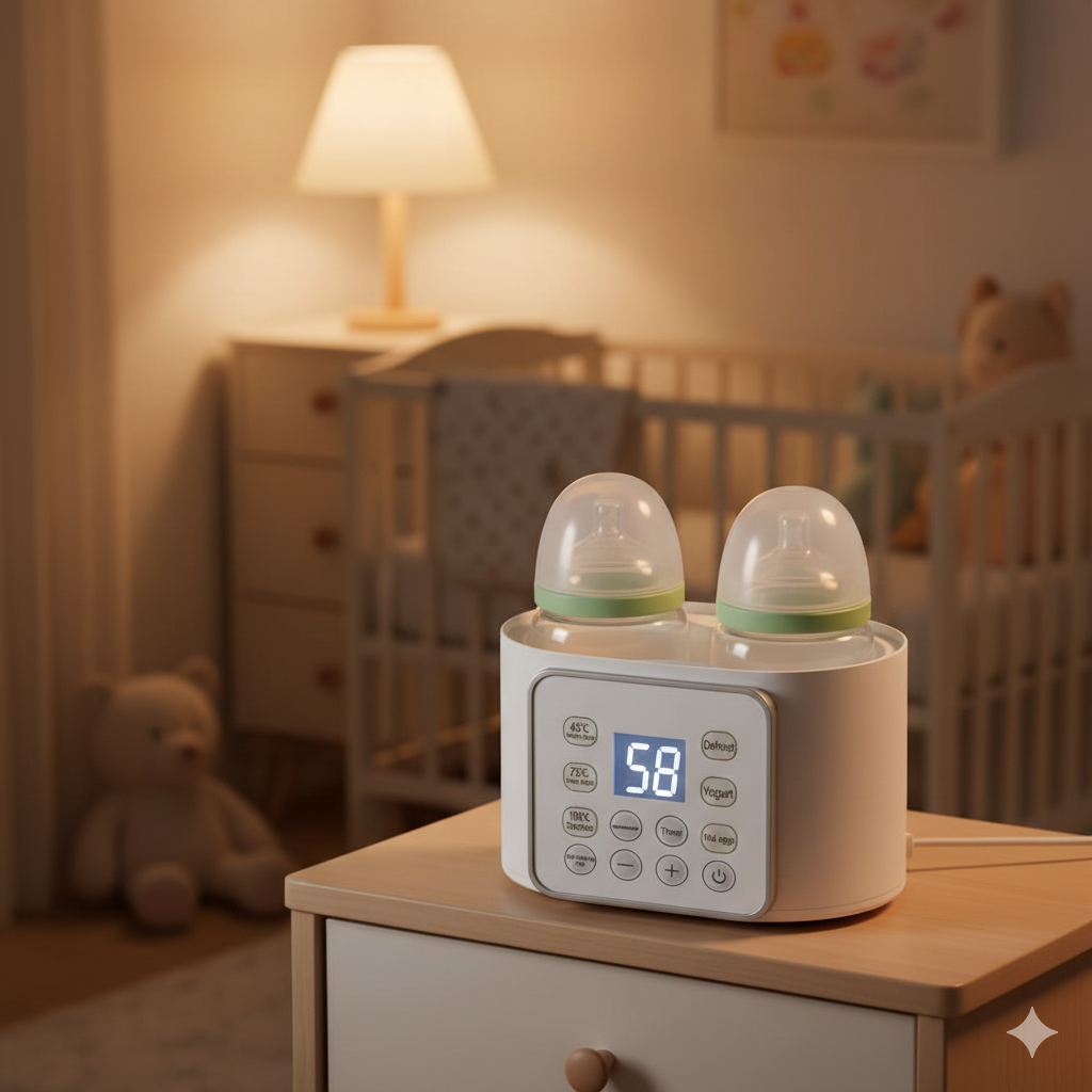 Chauffe biberon LactéÔ intélligent sur la table de nuit, réglé à la température idéale