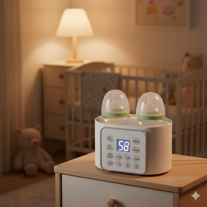 Chauffe biberon LactéÔ intélligent sur la table de nuit, réglé à la température idéale