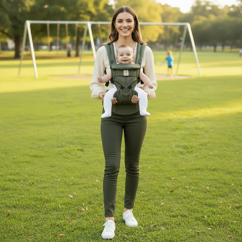 Porte Bébé | SnugéO ergonomique utilisé par papa. Détail sur le bon positionnement du visage de bébé en toute sécurité