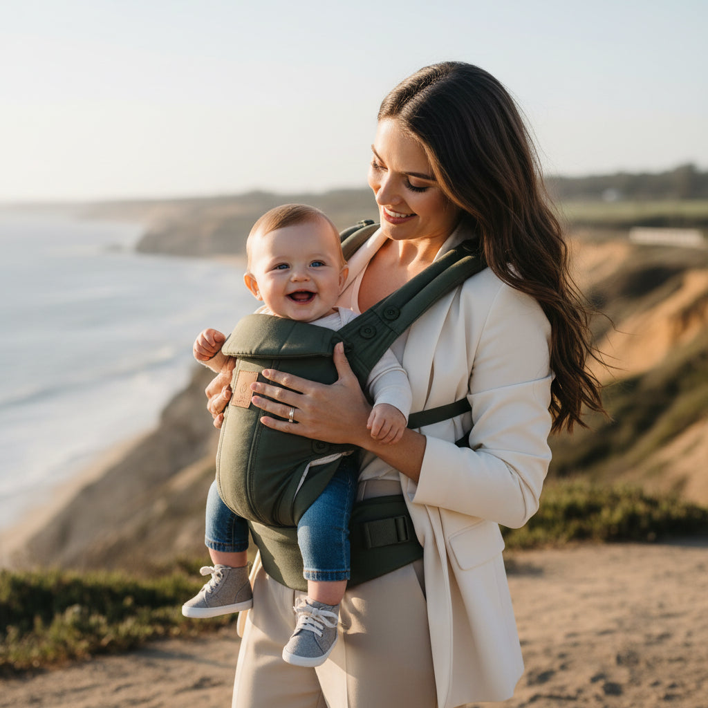 Porte Bébé | SnugéO Vert Olive portage physiologique avec maman admirant son bébé. Un soutien sain et affectueux