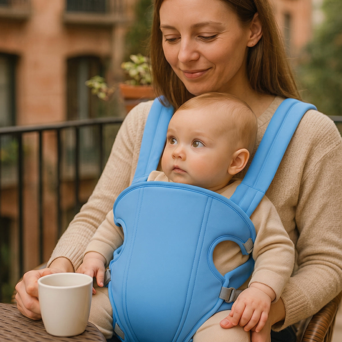 Porte bébé Calynid™ — maman savoure son café, bébé blotti contre elle