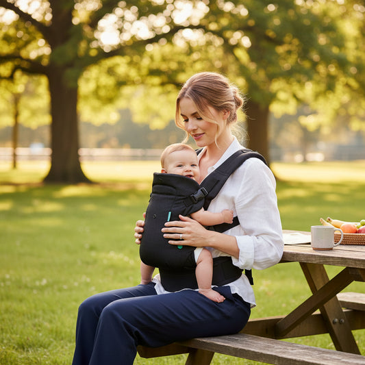 Porte bebe confort Serona™ — maman et bébé à la table de pique-nique, instant parfait