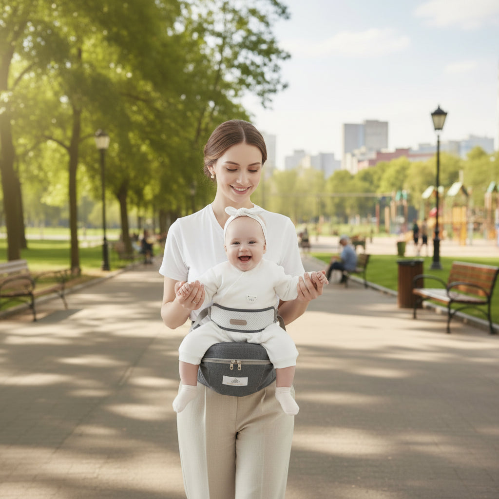 Porte bébé confortable Alto™ — maman marche au parc, bébé sur la hanche qui sourit