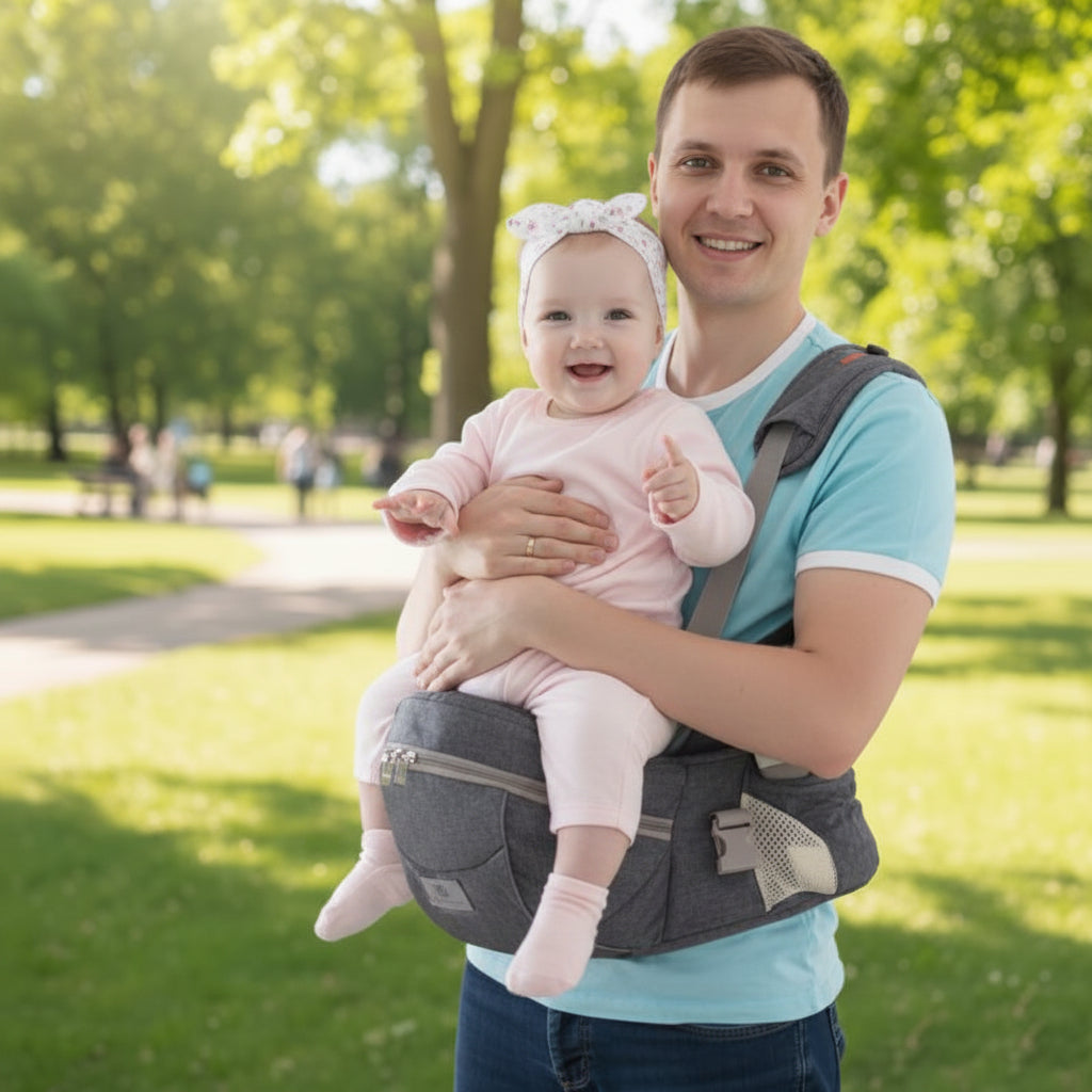 Porte bébé durable Alto™ - papa sortie au parc avec bébé sur la hanche