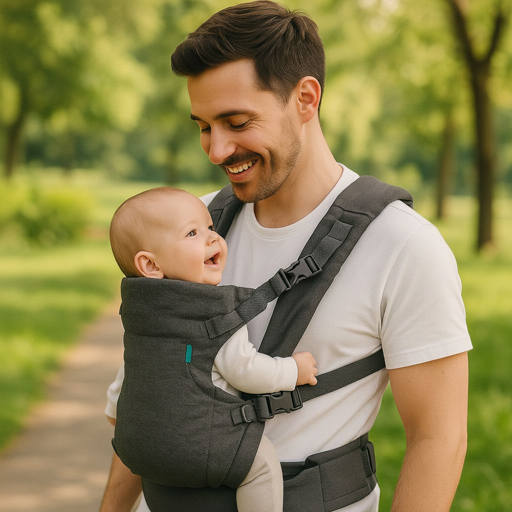 Porte bebe ergonomique Serona™ — papa admire son bébé souriant dans la forêt