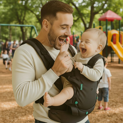 Porte bebe évolutif Serona™ — papa et bébé rient aux éclats, complicité pure