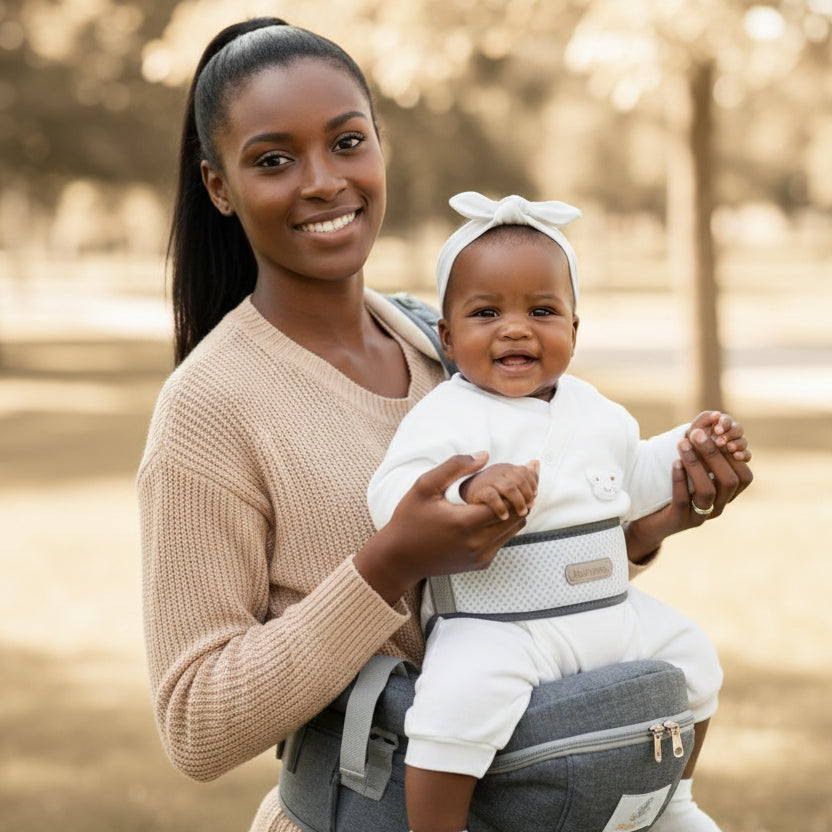 Porte bébé multi-fonction Alto™ — maman qui porte son bébé sur la hanche dehors