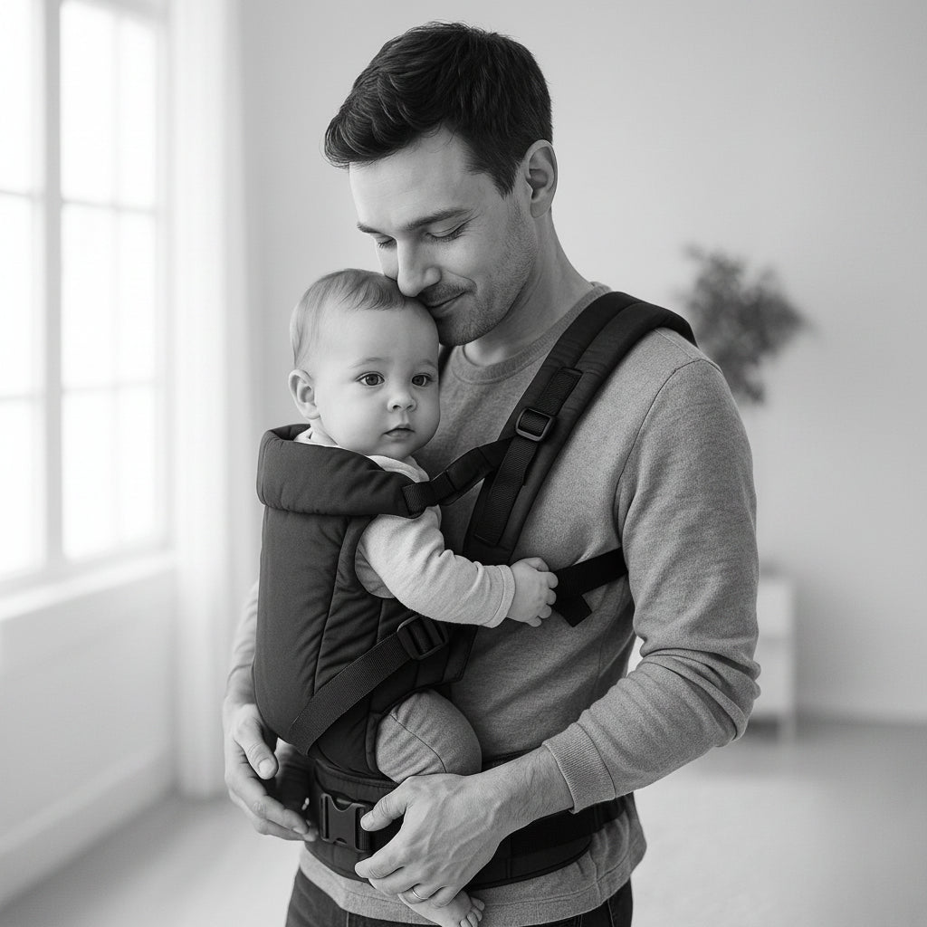 Porte bebe physiologique Serona™ — papa pose sa tête sur bébé, tendresse absolue