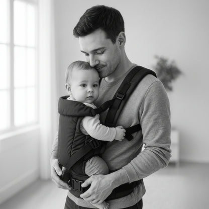 Porte bebe physiologique Serona™ — papa pose sa tête sur bébé, tendresse absolue