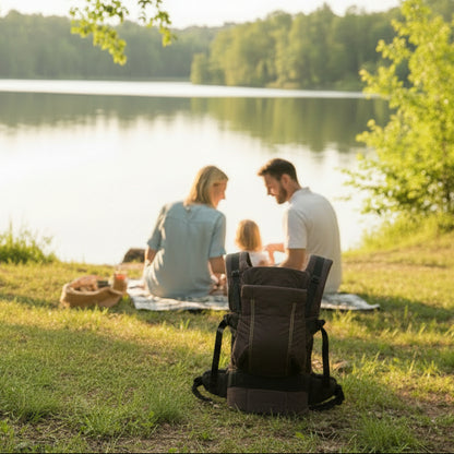 Porte bebe sécuritaire Serona™ — famille comblée au bord du lac en fin de journée