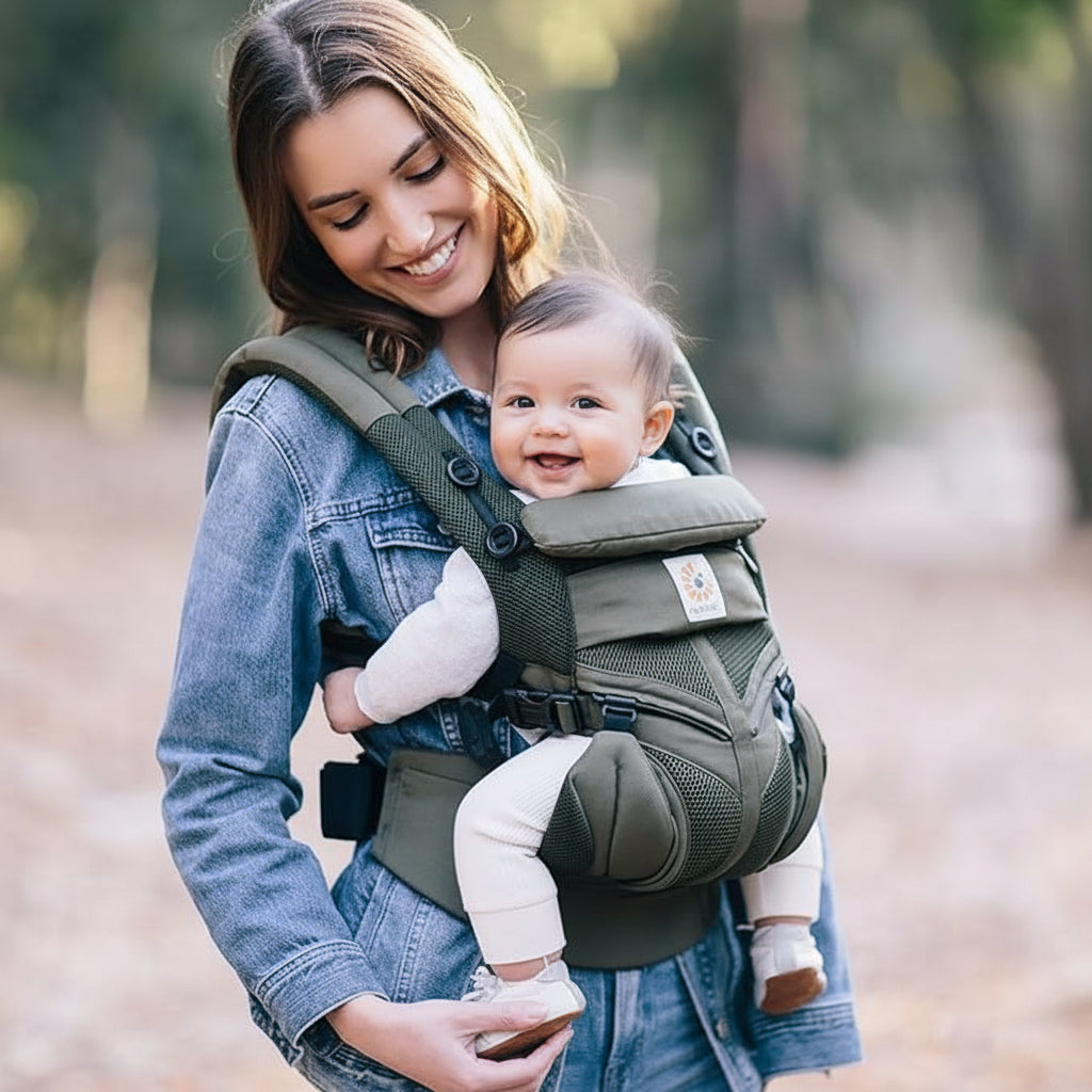 Porte Bébé SnugéO moment de tendresse entre maman et sa fille tandis que bébé fait la sieste en sécurité