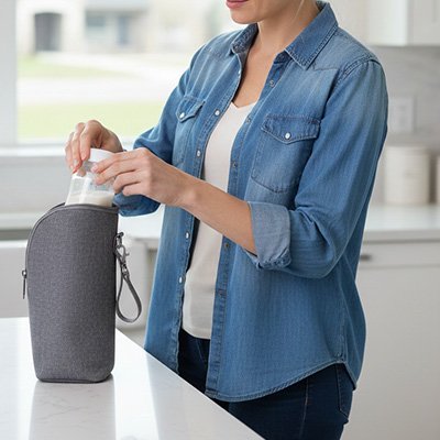 Porte biberon isotherme IsoPoche avec accès facile pour insérer le biberon rapidement