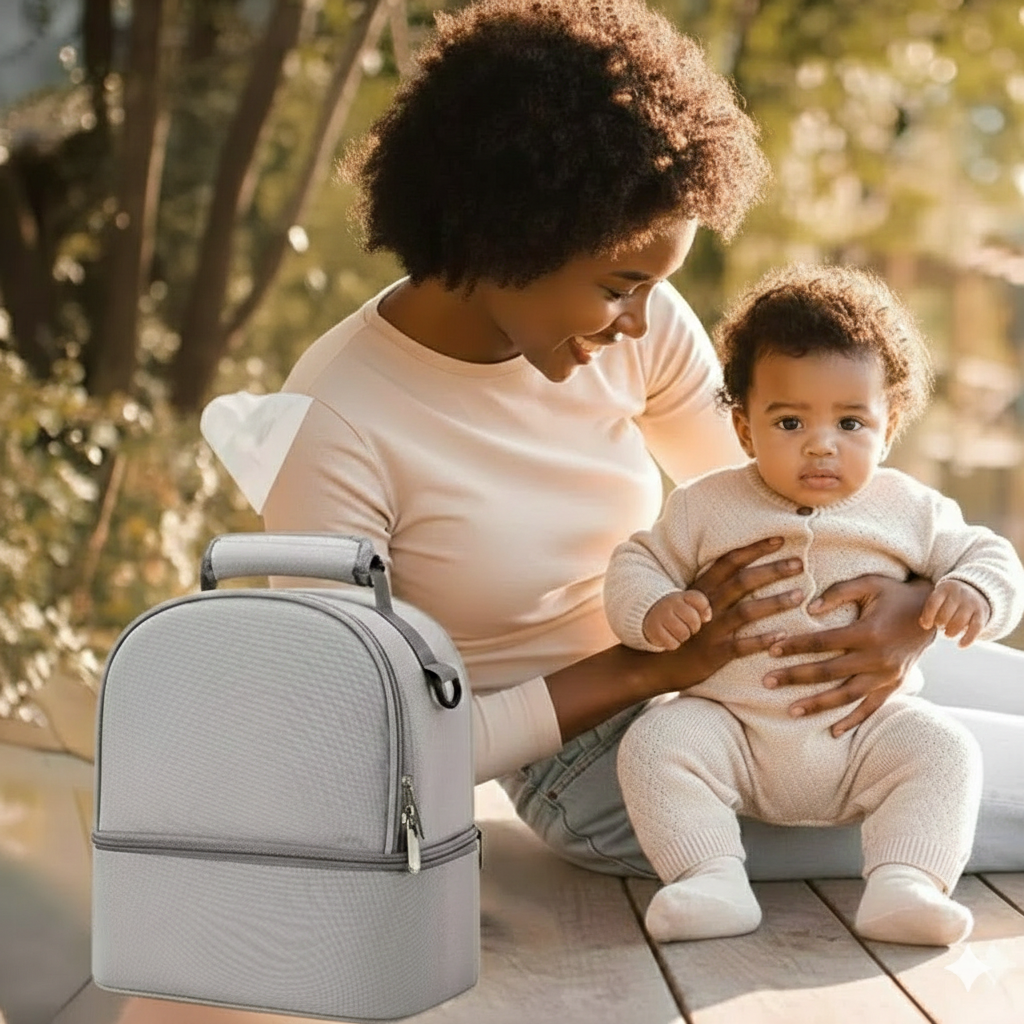 Porte Biberon Isotherme Kivana Maman et bébé profitent d'une sortie en plein air avec leurs repas
