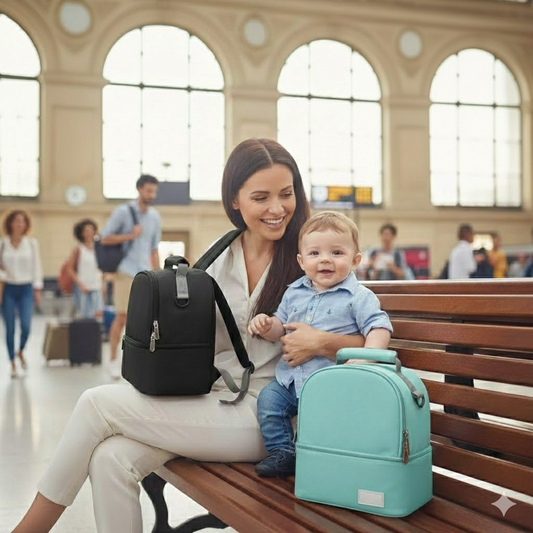 Porte Biberon Isotherme Kivana maman qui regarde sont bebe dans une station de train.