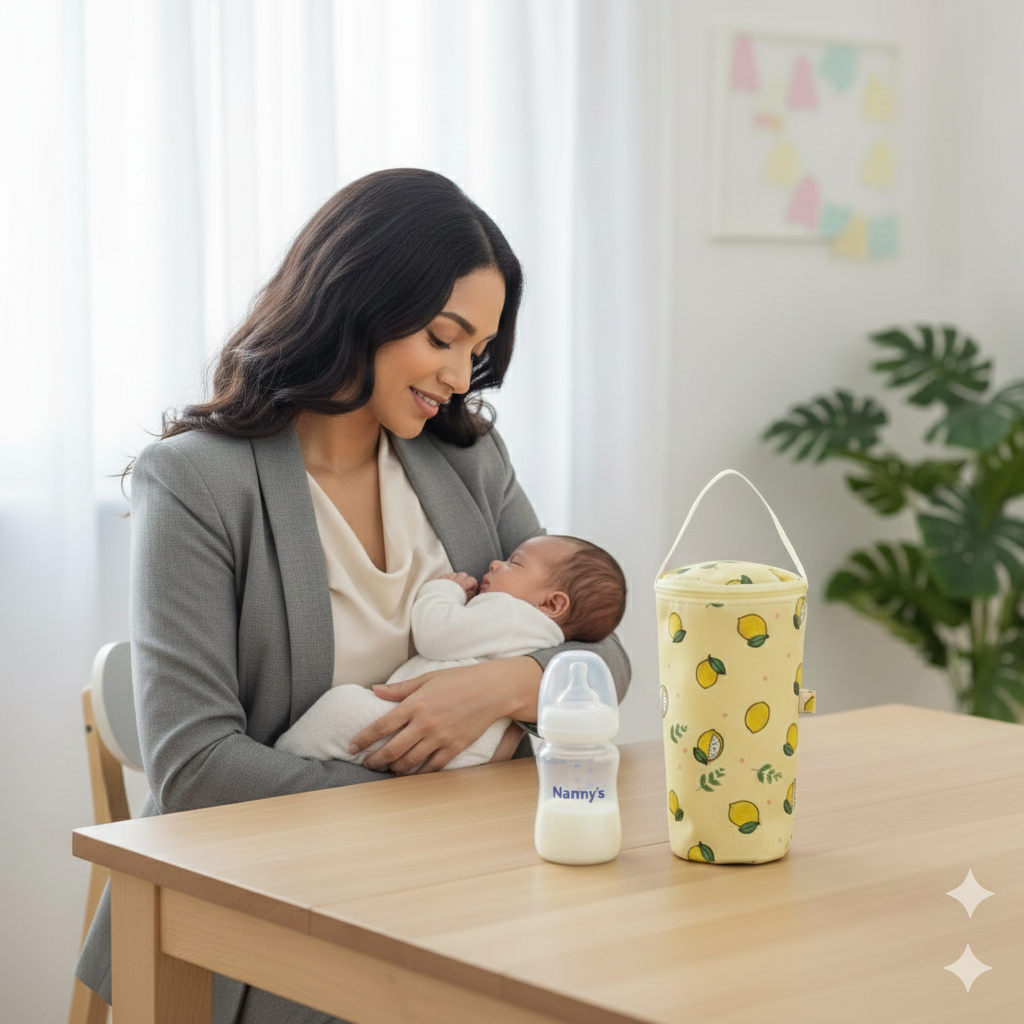 Porte Biberon Nomade InstaLait sans fil posé sur une table à côté d'un bébé qui dort paisiblement après son boire