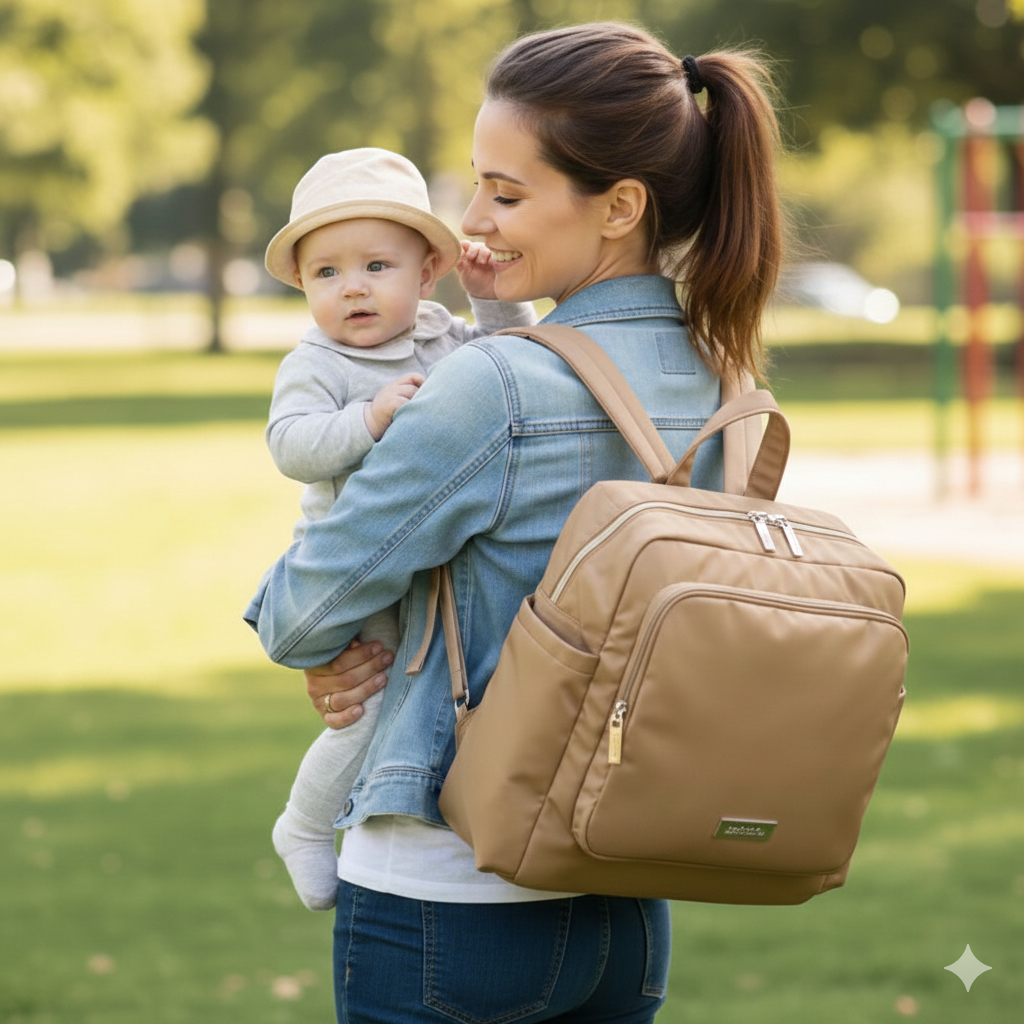 Sac à dos à langer Oraxio Physiologique confort pour maman et bébé lors d'une balade au parc.