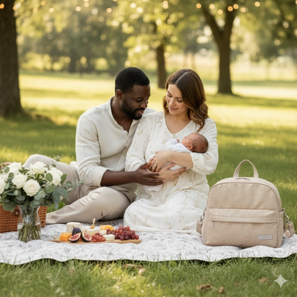 Sac à dos à langer bébé Voyaflux physiologique pique-nique chic en famille au parc