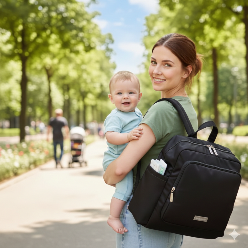 Sac à dos à langer Oraxio polyvalent : maman et bébé en balade sur un sentier de randonnée.