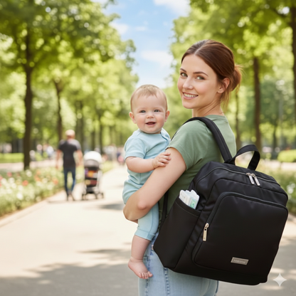 Sac à dos à langer Oraxio polyvalent : maman et bébé en balade sur un sentier de randonnée.
