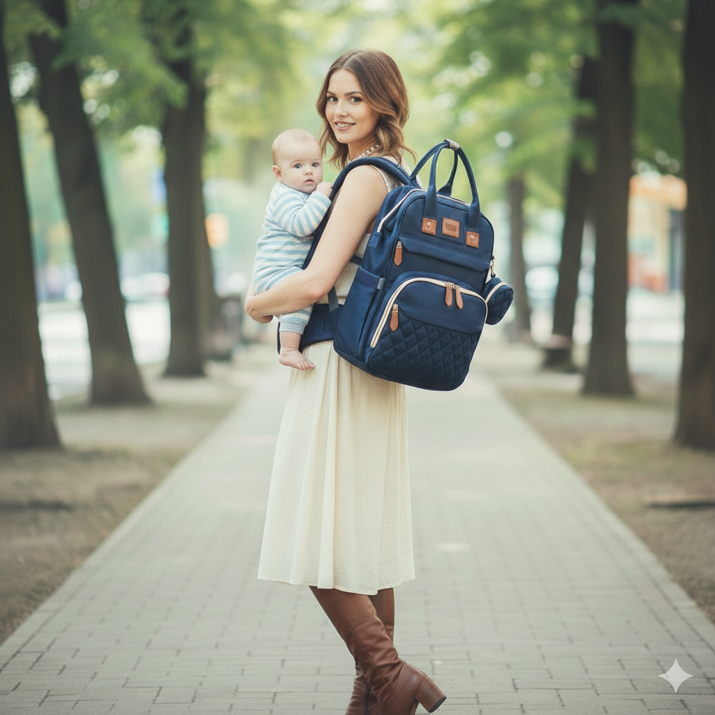 Sac à langer à dos Mouvito physiologique porté par une maman avec son bébé en pleine nature