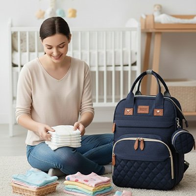 Sac à langer à dos ergonomique maman pliant du linge à côté du sac organisé