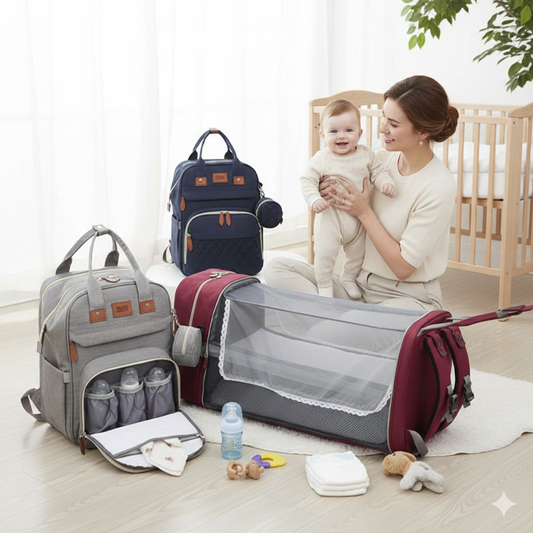 Sac à langer à dos Isotherme maman avec bébé montrant les poches de rechange et le biberon.